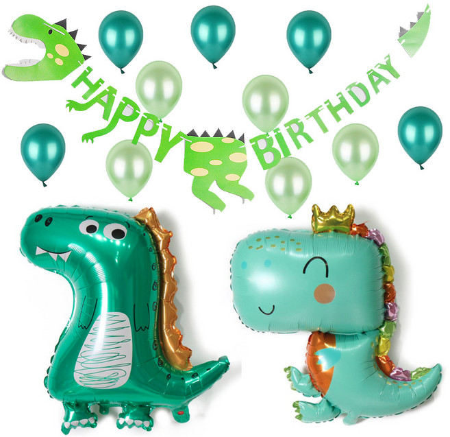파티쇼 슈퍼쉐잎 은박풍선 공룡크라운베이비 + 공룡큐티베이비 + 공룡생일파티 가랜드 그린 + 그린파티풍선 2종 x 5p 세트, 혼합색상, 1세트