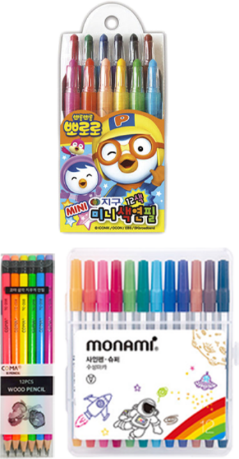 지구화학 뽀로로 미니 색연필 12색 + 투코비 코마 삼각지우개연필 TC-208 B + 모나미 슈퍼사인펜 12색, 혼합색상, 1세트