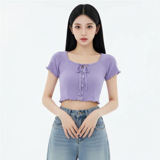 마켓피아 여성용 리본 스트링 스퀘어넥 크롭 반팔티셔츠