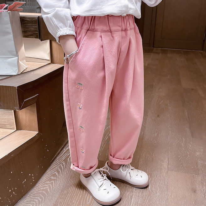 Starbean 女童櫻桃兔子刺繡鬆緊帶長褲