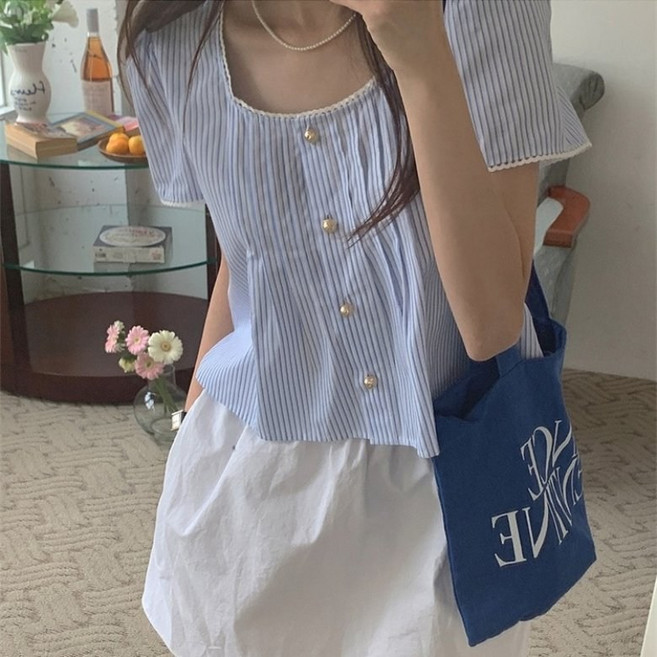 I'M MONG 女款 Nuella 方領條紋短袖襯衫