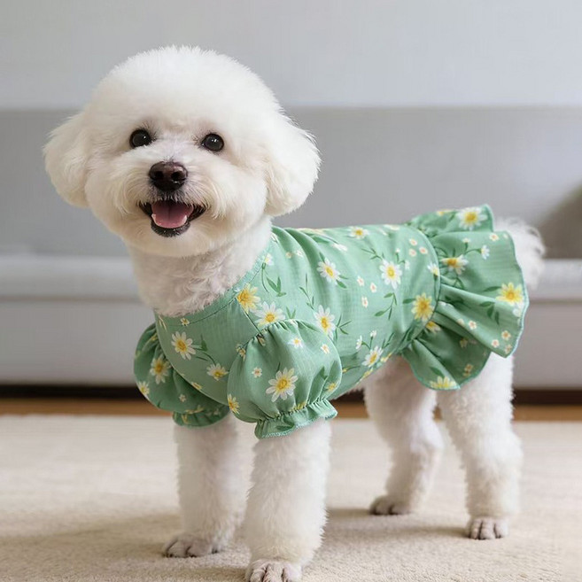파스텔펫 반려동물 퍼프 플라워 원피스, 그린, 1개