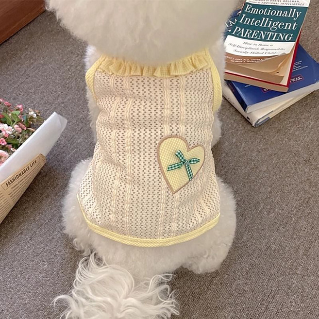 퍼피드림 강아지 체크 리본 펀칭 나시 티셔츠 10072, 옐로우, 1개