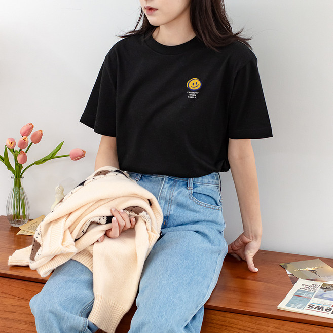 험블스튜디오 여성용 통기성 스마일 로고 17수 면 반팔 티셔츠 KK_27_085