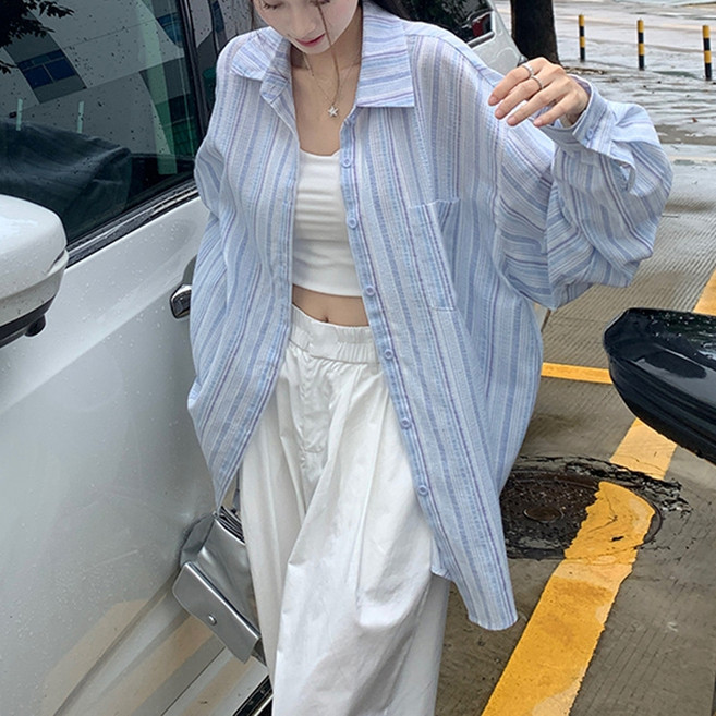 디멜디 여성용 그라데이션 스트라이프 루즈핏 간절기 긴팔 셔츠