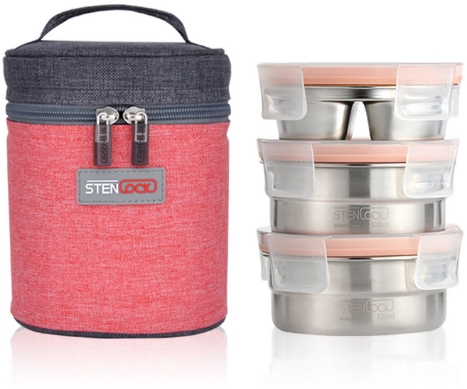 스텐락 퓨어 멀티 원형 도시락세트 소 3단, VINTAGERED, 1세트