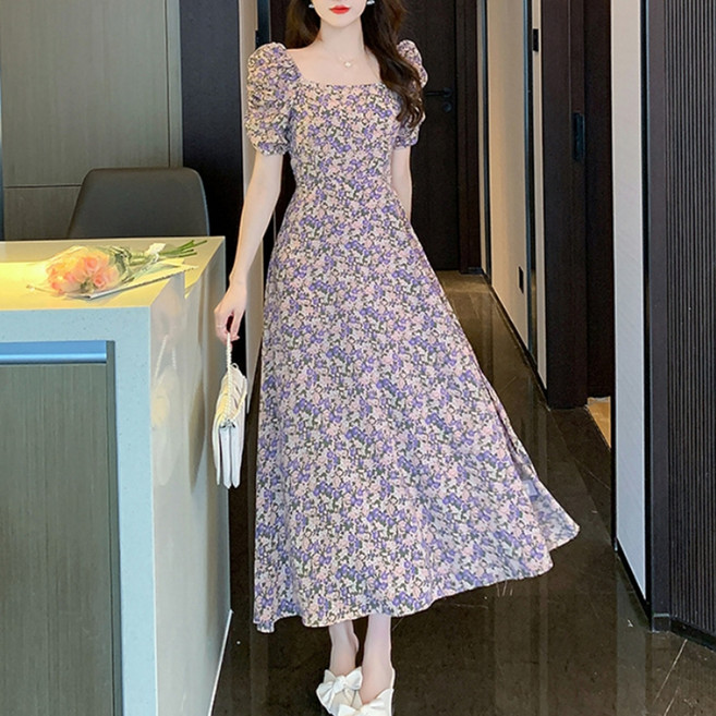 Andaromi 碎花方領泡泡袖短袖連身裙, 紫色