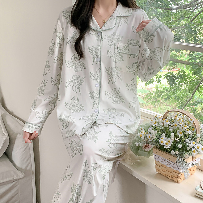 안나앤코 여성용 플로럴 모란 긴팔 잠옷 파자마 상하의 세트