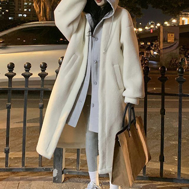 Goodif 女款羊毛感寬鬆版連帽保暖長版大衣