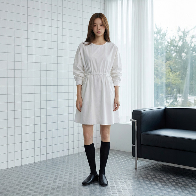 Paperments Nerea腰部抓皺素色中長連身裙 14396, 白色