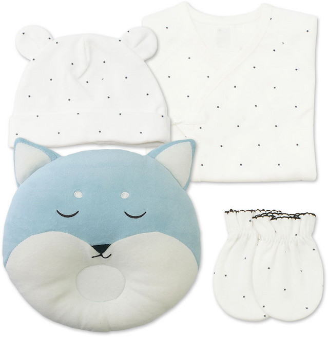 베이비베어 유아용 스타 배냇저고리 + 손싸개 + 신생아모자 + 여우짱구베개 세트