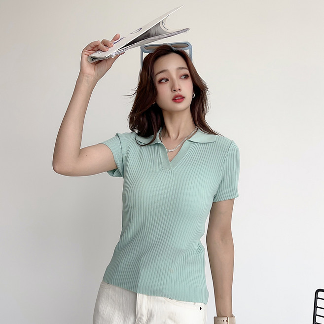 더시럽 여성용 폴로 슬림라인 골지 니트 반팔 티셔츠