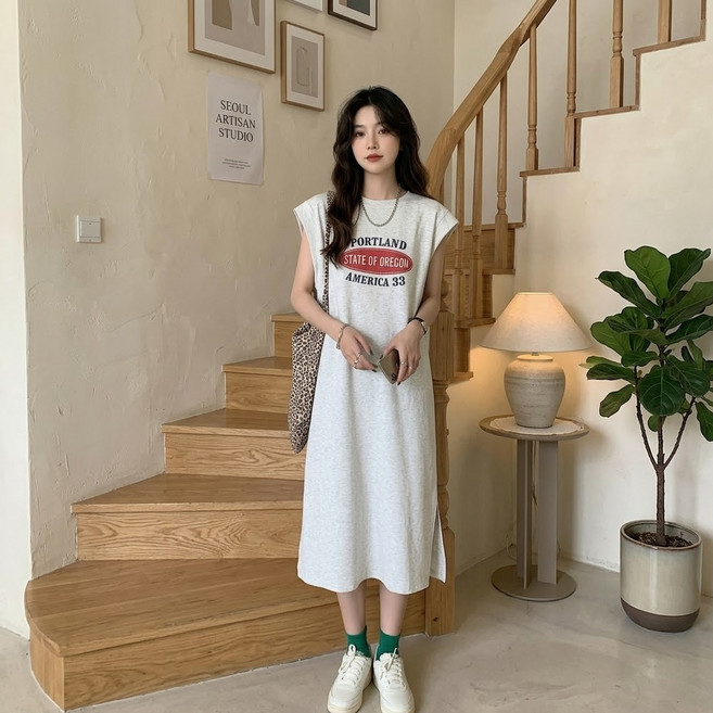 MarketA 女款寬鬆袖開衩短袖長版連身裙 M263-0805, 麻灰色