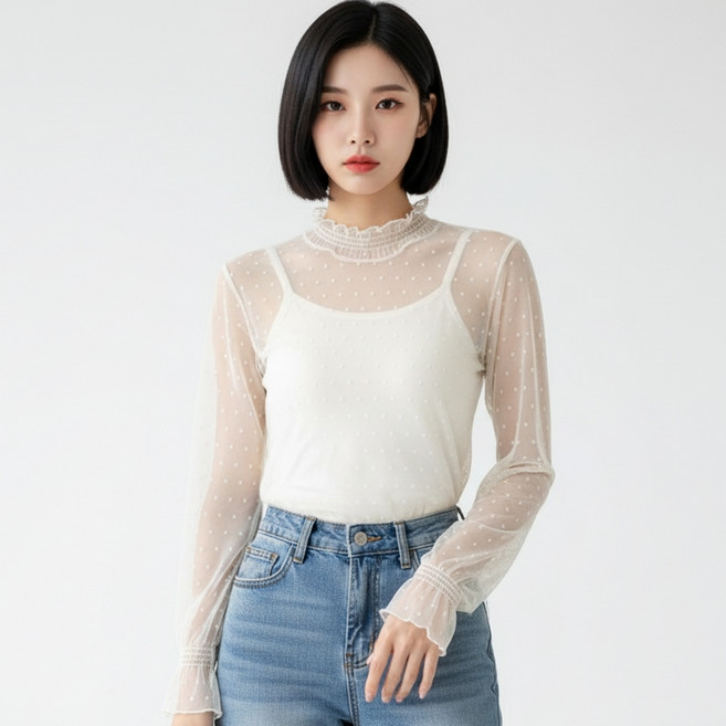 marketpia 女款蕾絲高領長袖襯衫