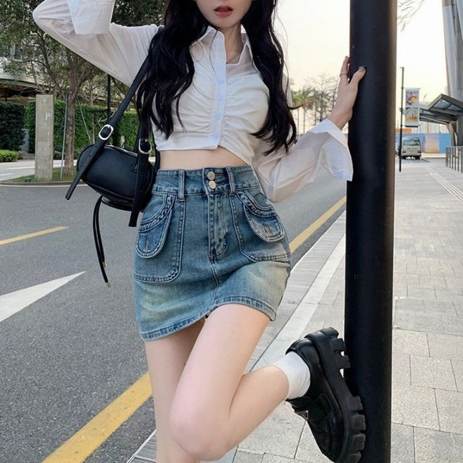 I'M MONG 女款修身版高腰縫線亮點丹寧迷你裙 R6H173