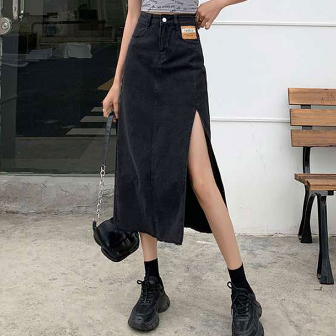 더시럽 여성용 사이드 딥 슬릿 데님 롱 스커트