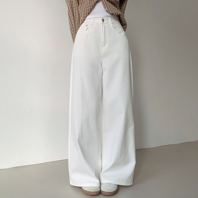 플랜데이 여성용 숏/미디움/롱 기장 우기 워싱 와이드 데님팬츠