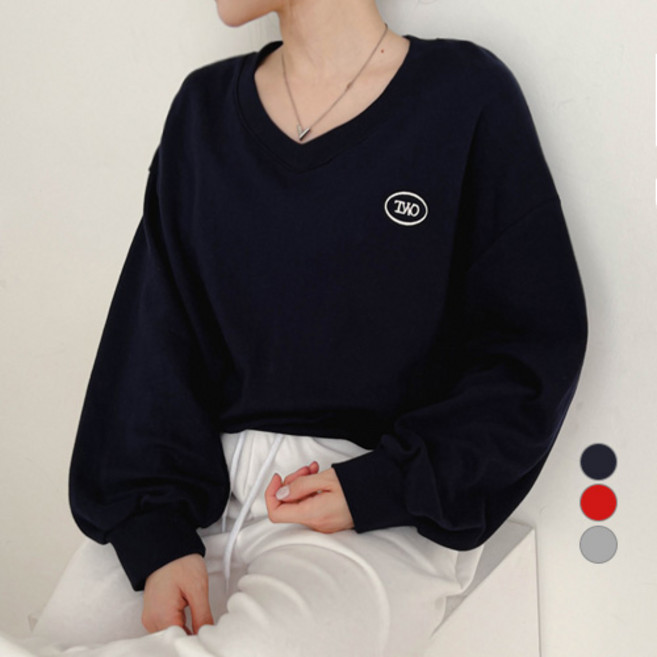 밀키버터 여성용 써클 자수 브이넥 세미크롭 맨투맨 MB2285