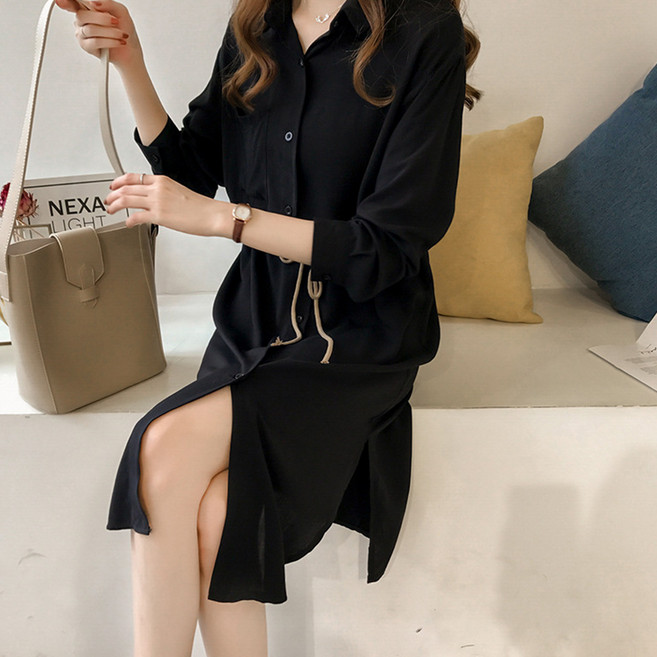 Elsso 女款休閒長版襯衫洋裝 含大尺碼, 黑色