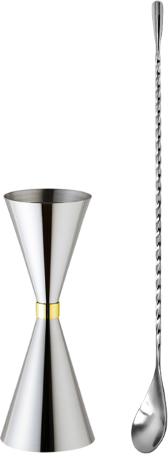 착한살림 칵테일 골드링 지거 계량컵 30ml 45ml + 바스푼 30cm 세트, 골드 + 실버, 1세트