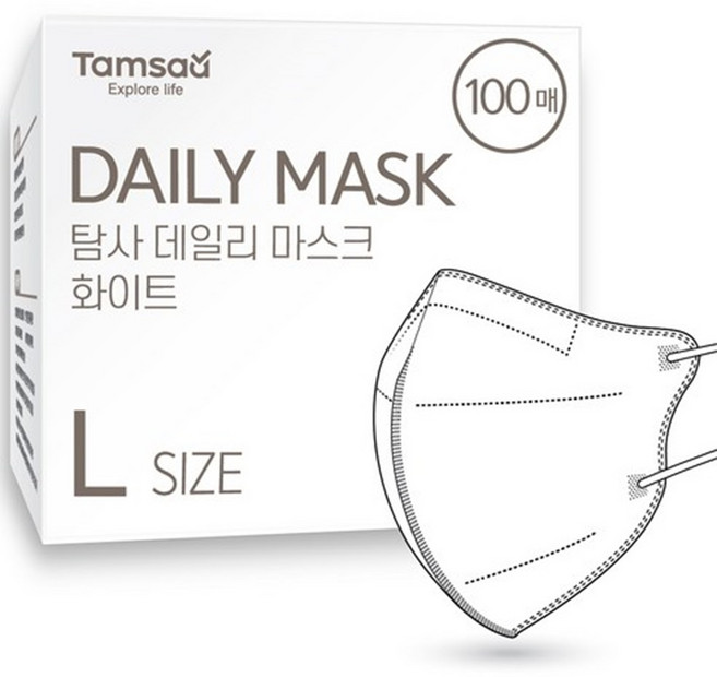 Tamsaa 日常鳥嘴型立體口罩 韓國製 L, 100片, 1盒, 白色