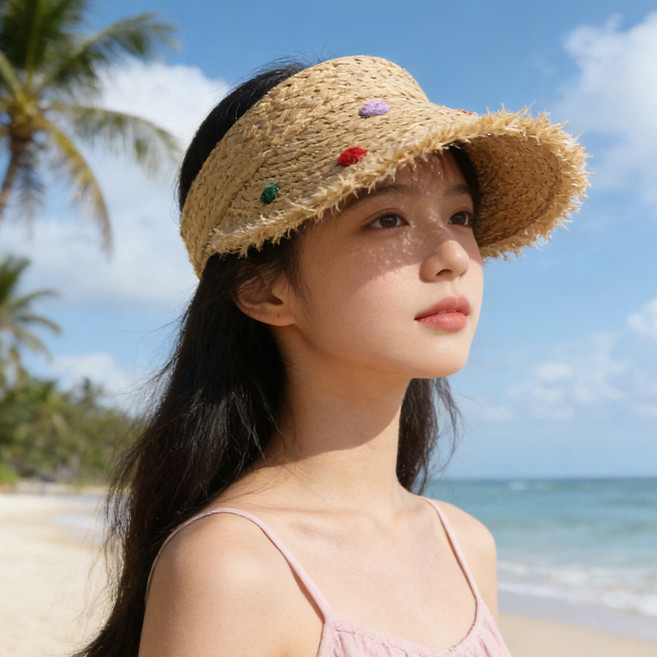 DMELD 女款圓點海灘露頂拉菲草遮陽帽