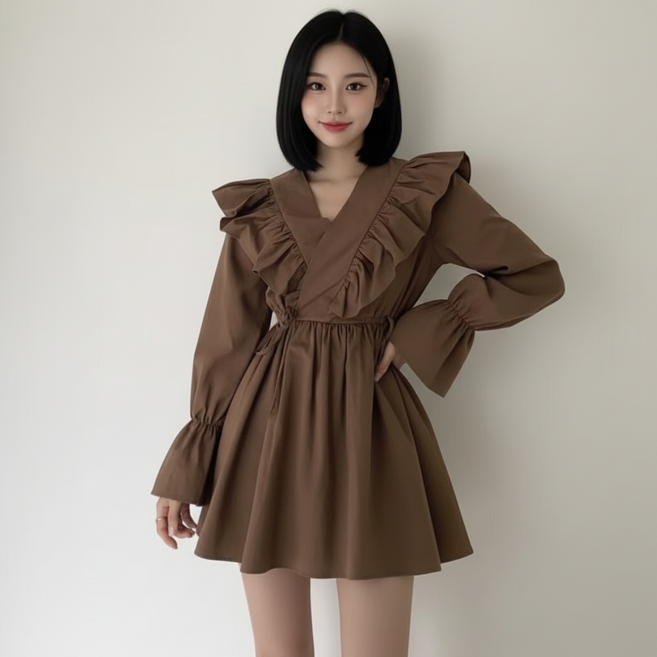 마켓피아 여성용 셔링 V넥 플레어 미니 원피스