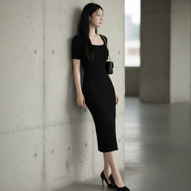 비비에모 벨비엘 스퀘어넥 골지 슬림 니트 원피스 12852