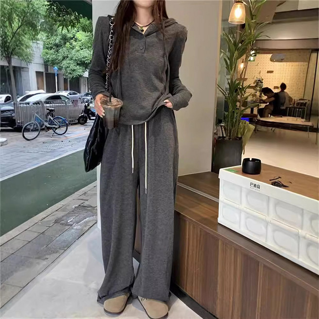 피어니스트 루즈핏 후드넥 긴팔 상의 + 와이드팬츠 투피스 세트