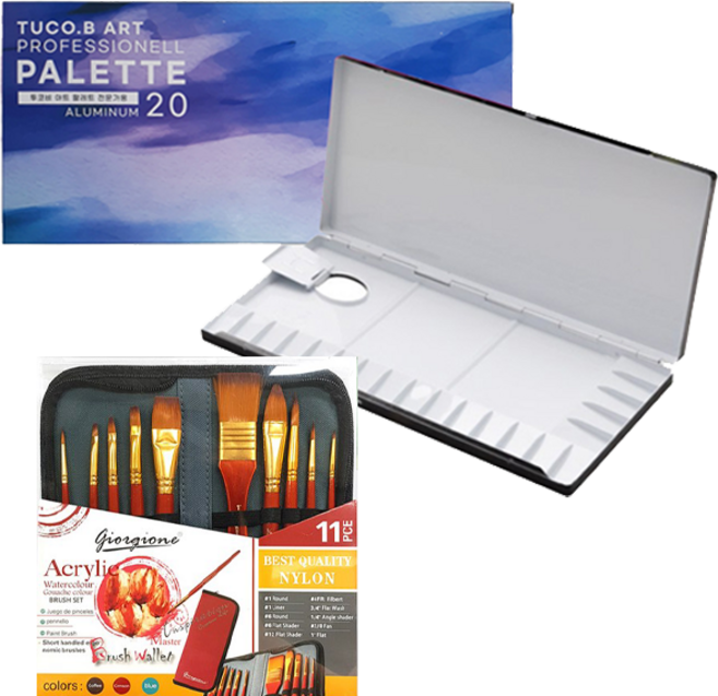 투코비 프리미엄 알루미늄 미술용 팔레트 + 조르조네 아크릴 브러쉬 10종 + 지퍼케이스 세트, 1세트, 20칸