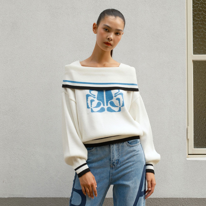 에고이스트 여성용 자카드 오프 숄더 풀오버 니트 ER3BO807