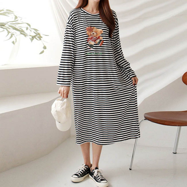 앤드스타일 여성용 포어곰 단가라 패턴 롱 원피스 263322