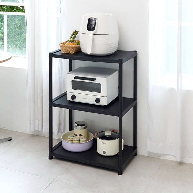스파지오 플라스틱 주방 베란다 조립식 스탠드 수납 선반, 3단, 블랙
