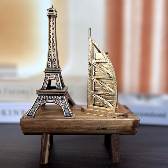 모노로지스 모던한 모래시계 엔틱 우드 장식품 스툴 + 철탑 + 요트 세트, 청동색