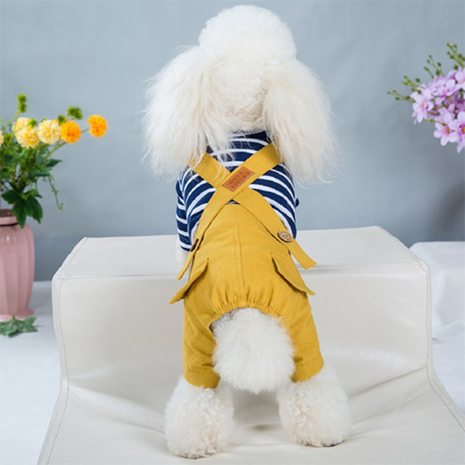 봄맞이 스트라이프 강아지 멜빵바지 올인원, 옐로우, 1개