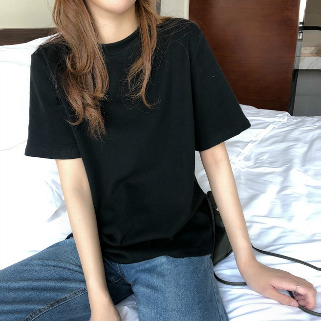 디멜디 여성용 여름 데일리 오버핏 무지 라운드넥 반팔 티셔츠