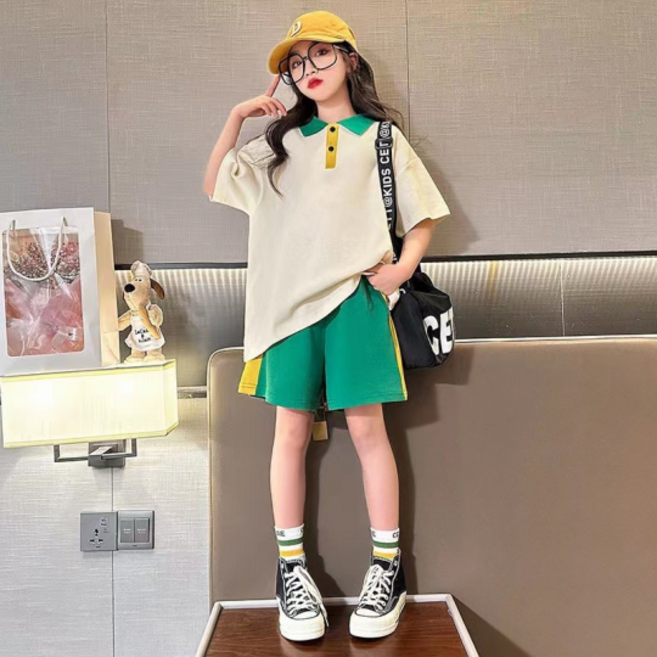 오렌지다몸 여아용 옐로그린 배색 카라티 반바지 세트