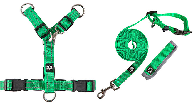멍템 강아지 H형 하네스 + 핸즈프리 리드줄 세트, 그린, 1개