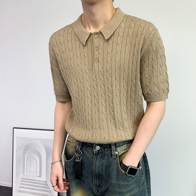 CONFIAR 男士翻領三扣短袖麻花針織衫 TC0428