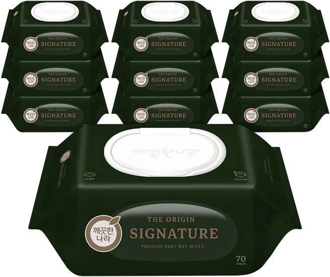 깨끗한나라 유아용 베이비 케어 디오리진 시그니처 물티슈 캡형, 75g, 70매, 10개