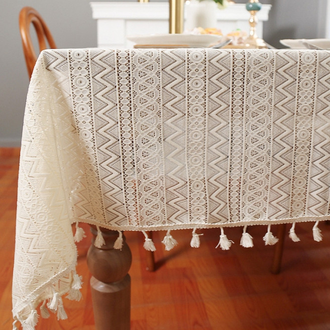 Parajuni 家庭派對室內裝飾自然亞麻風格刺繡流蘇桌布 HJ1362, Z字形, 1個, 90 x 90 cm