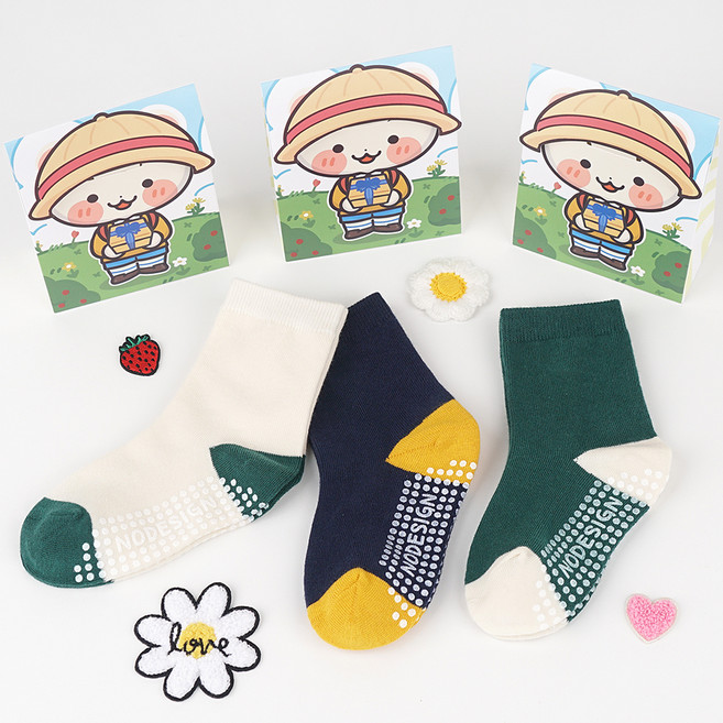 노디자인 유아용 미끄럼방지 러블리 베어 양말 3켤레 선물 세트