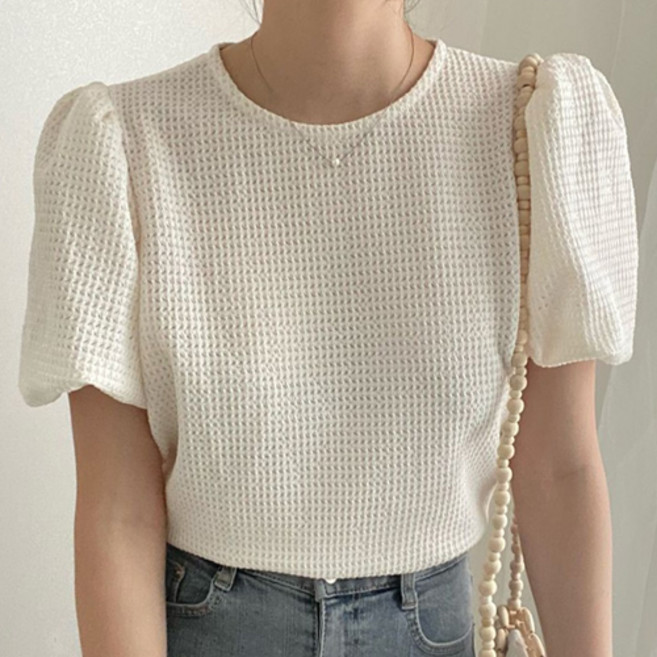 아이캔심플 여성용 와플 텍스처 퍼프소매 반팔 티셔츠