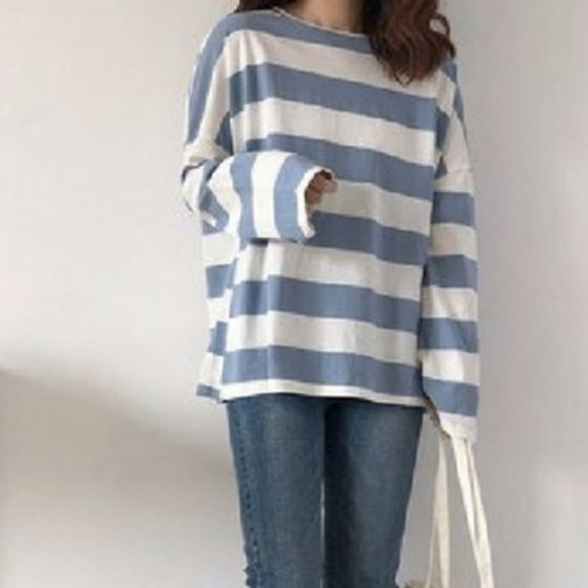 디멜디 여성용 스트라이프 루즈핏 봄 긴팔 티셔츠