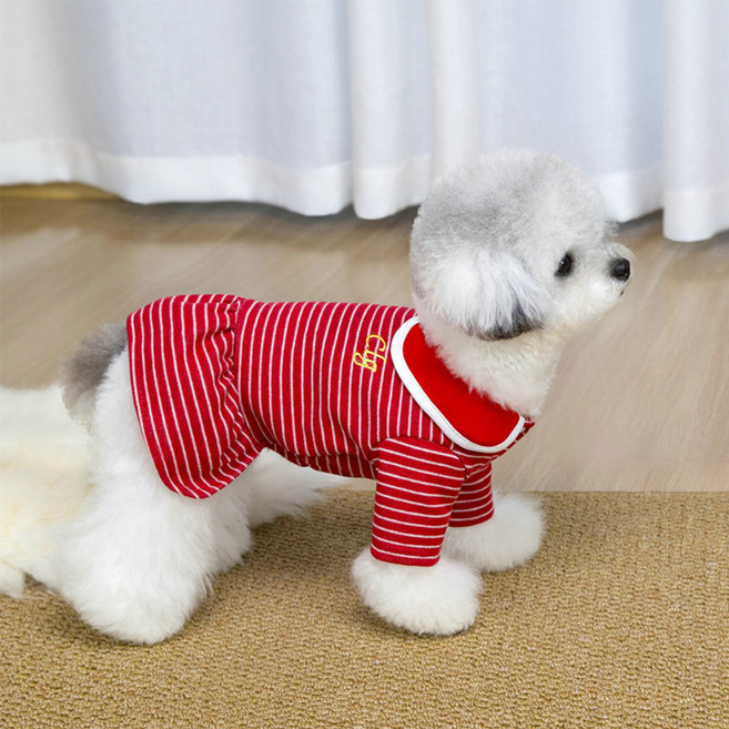 칠시 강아지 세일러 스트라이프 원피스, 레드, 1개