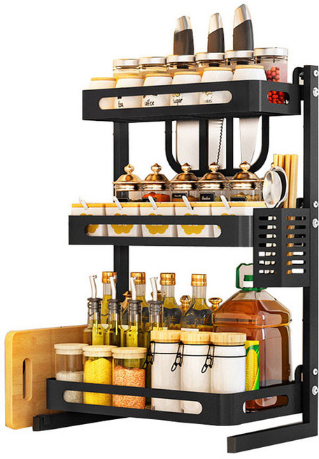 3단 다용도 식기 양념 수납대, 블랙, 1개