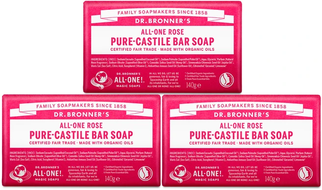 닥터브로너스 로즈 퓨어 캐스틸 바 솝, 140g, 3개입 - 쿠팡
