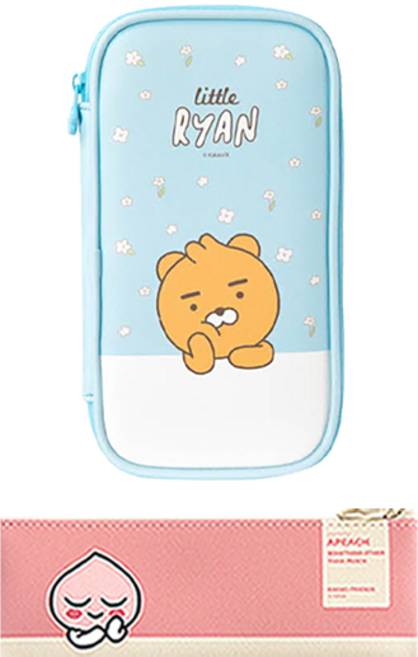 KAKAO FRIENDS 現代風迷你扁平鉛筆盒 + LF多功能鉛筆袋套組, Apeach(鉛筆盒), Little Ryan(收納袋), 1套