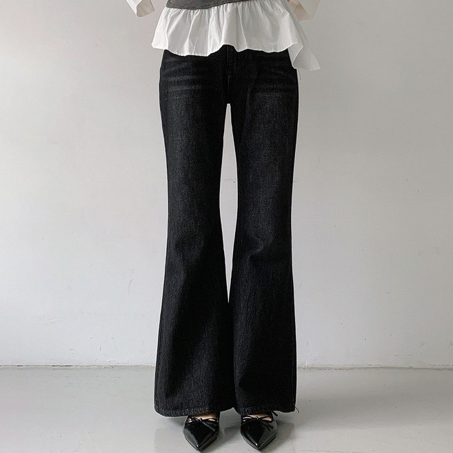 플랜데이 여성용 롱/숏 기장 바넷 여유핏 플레어진 워싱 데님 팬츠