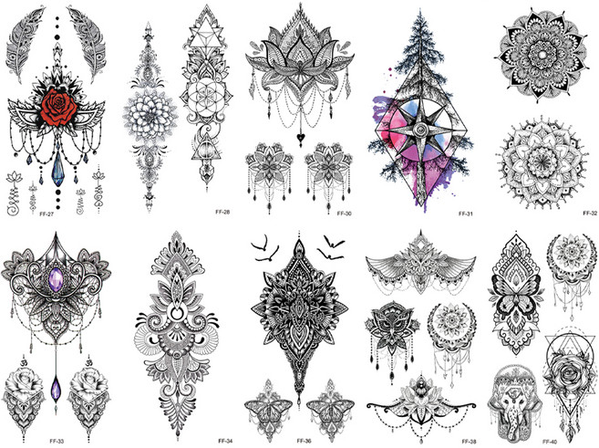 Funny Seller 紋身刺青貼紙 9件組, 黑白 10張, 1套